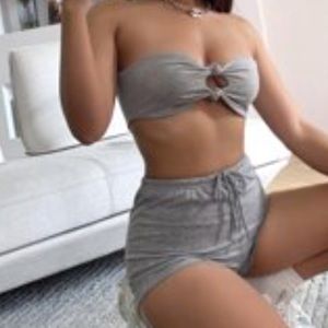 SHEIN Knot front tube top and shorts two piece set